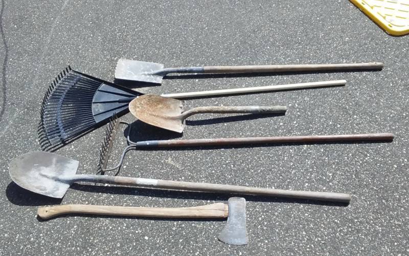 lot 103 image: Spades, Flat Shovel, Leaf Rake, Ax