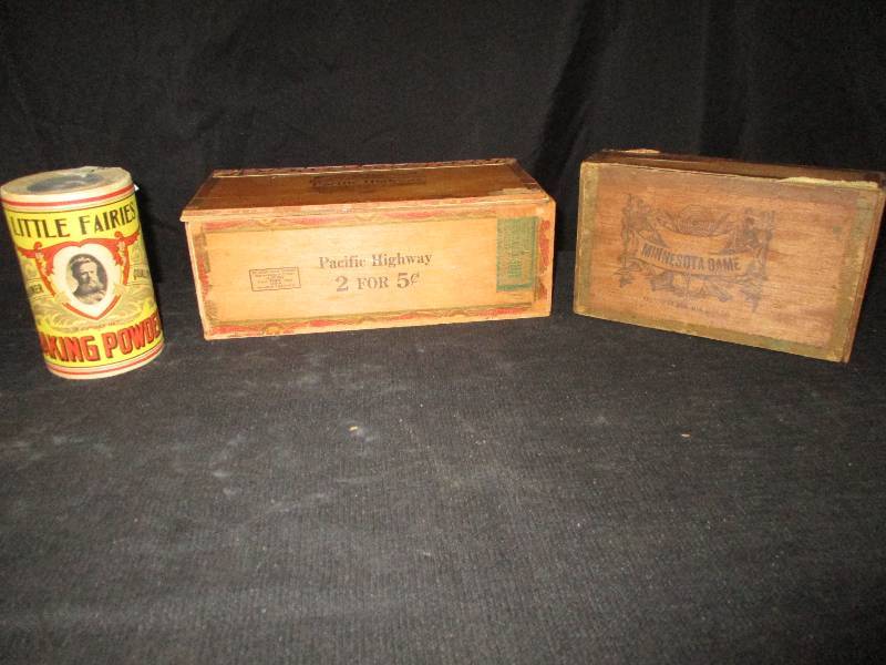 lot 47 image: 2 Vintage Cigar Boxes Pacific Highway has been modified and Very Rare Cardboard Baking Soda Can (Little Fairies)