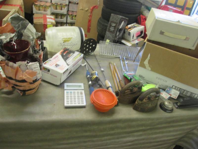 lot 159 image: Antique Flat irons, Vase, Ice Fishi...