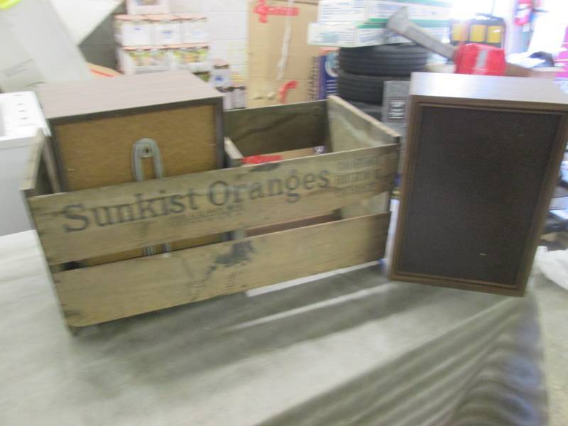 lot 184 image: Wooden Orange Crate and 2 Speakers...