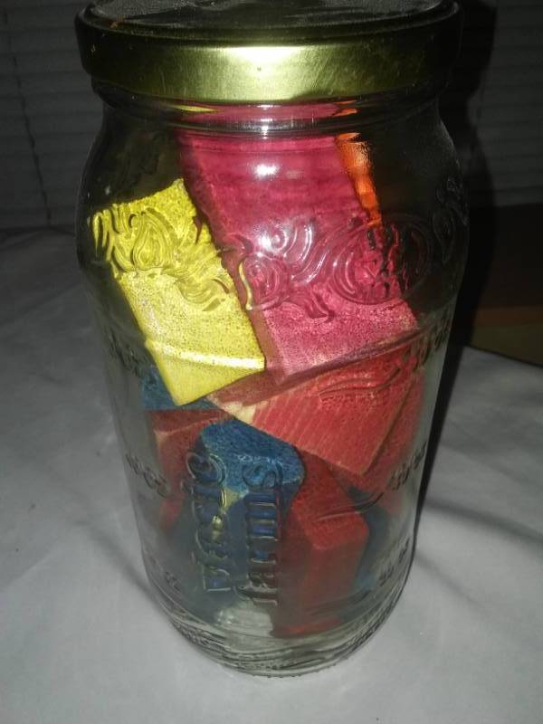 lot 33 image: Wood blocks in 80 oz vintage pickle jar