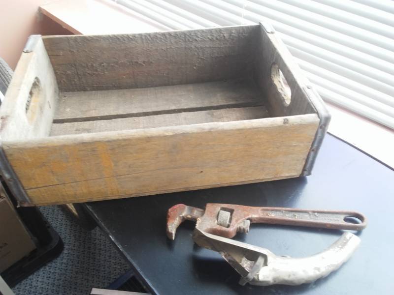 lot 56 image: Vintage wood box crate, wrench, oil spout - great.