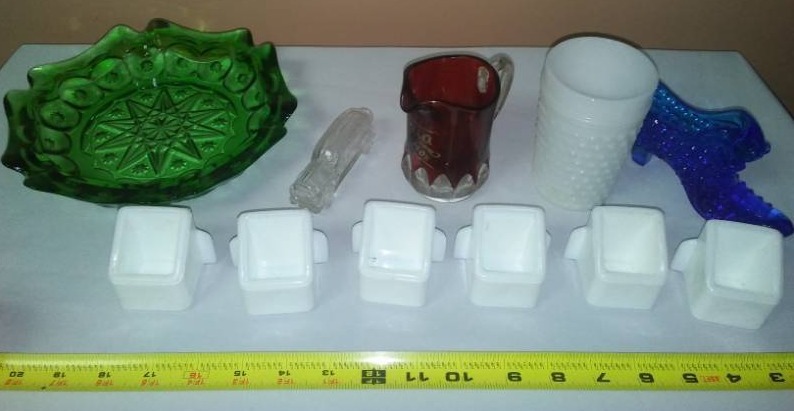 lot 136 image: Milk glass, red, blue, green lot.