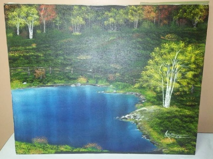 lot 139 image: Grist Mill Pond Painting by Julie Jaenisch.Original oil.