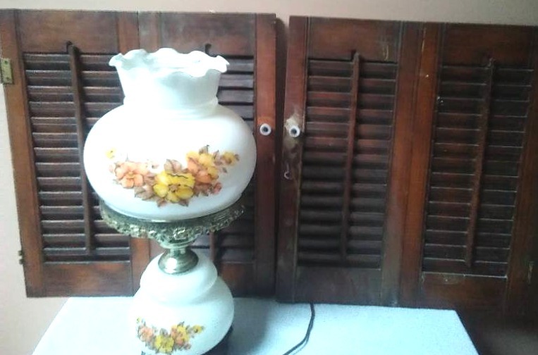 lot 145 image: Hurricane lamp and 2 wood shutters.