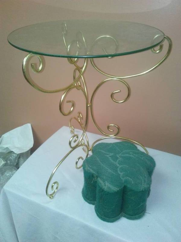lot 163 image: Gold tone metal table with glass top and vintage footstool.