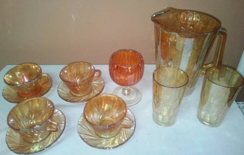 lot 167 image: Pitcher sauce cups gold Carnival Glass and more.