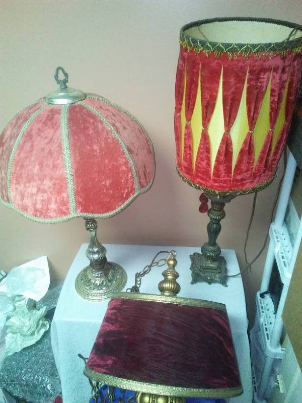 lot 196 image: 3 mid-century modern lights. All red hanging crystals are included and complete.