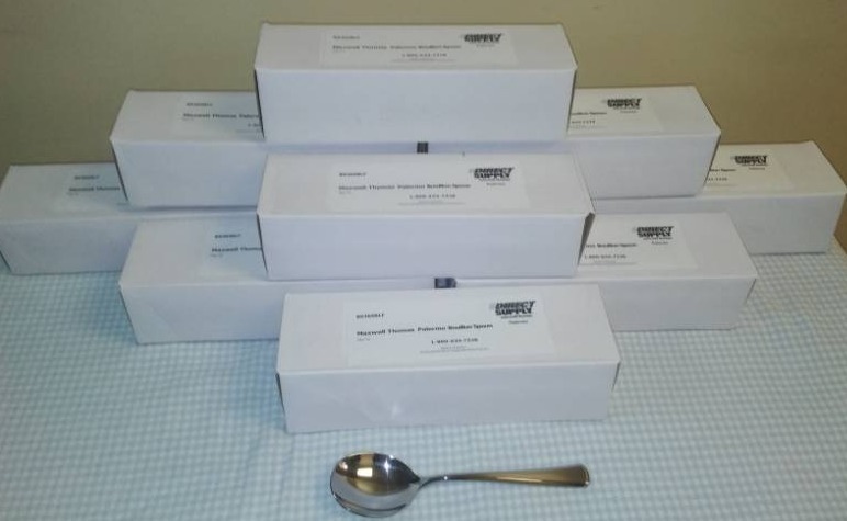 lot 268 image: 10 dozen new in box Bouillon Spoons.  Thomas Maxwell Palmero