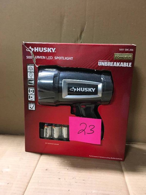 lot 23 image: HUSKY 500 Lumen LED SPOTLIGHT 1001 596 206 Virtually Unbreakable WITH BATTERIES not used