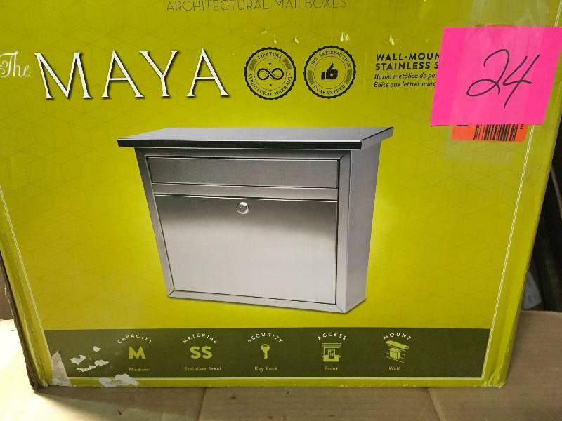 lot 24 image: Architectural Mailboxes Maya Locking Stainless Steel Wall Mount Mailbox in good condition