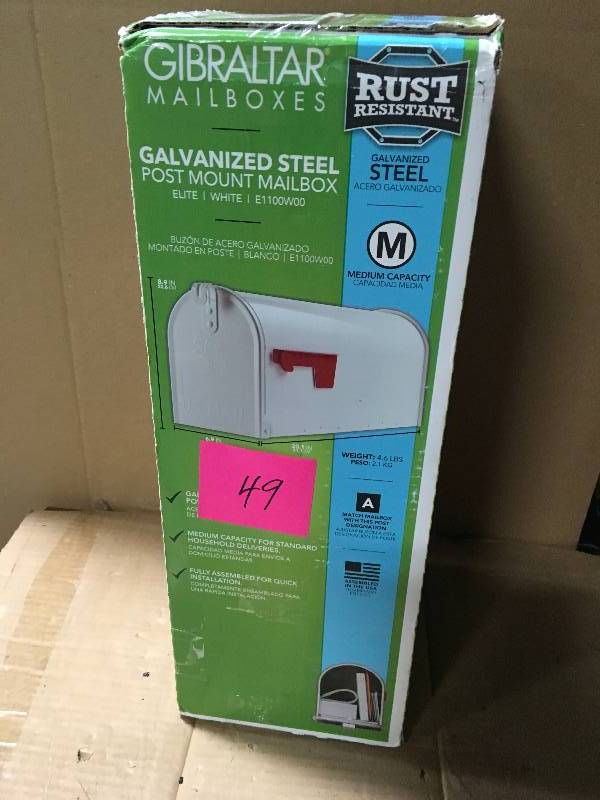 lot 49 image: Gibraltar Mailboxes Elite White Medium Galvanized Steel Post-Mount Mailbox not used
