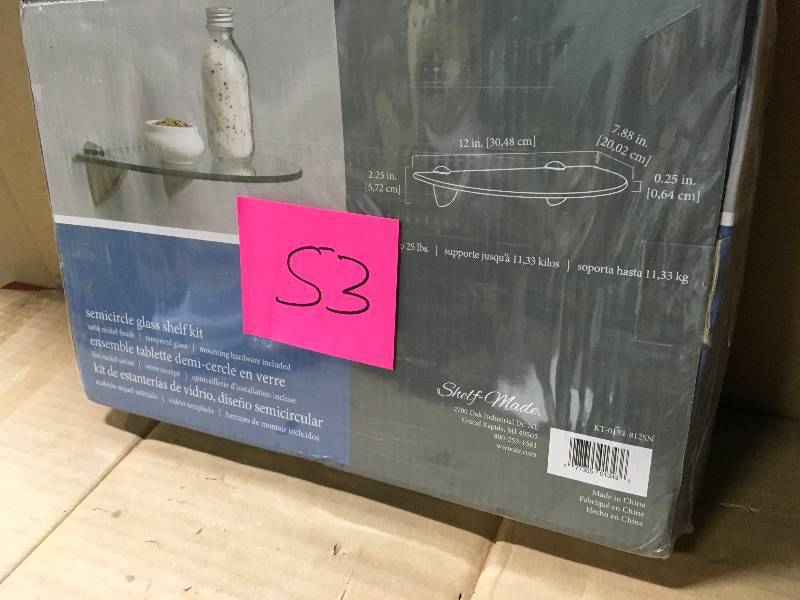 lot 53 image: Knape & Vogt 12 in. W x 8 in. D Wall Mounted Satin Nickel Glass Semi-Circle Decorative Shelf Kit  in good condition