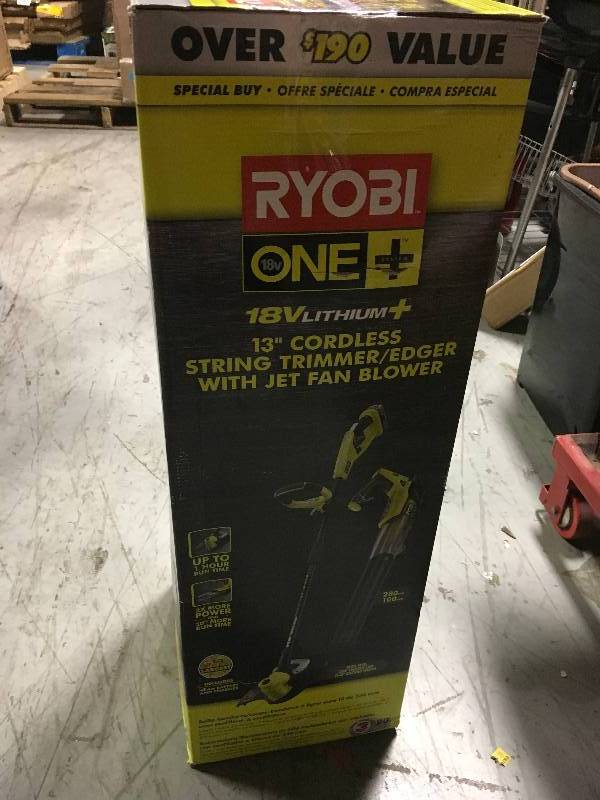lot 54 image: RYOBI ONE 18-Volt Lithium-Ion Cordless String TrimmerEdger and Jet Fan Blower Combo Kit - 4.0 Ah BatteryCharger Included  in good condition