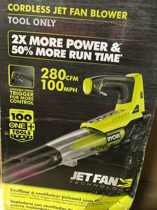 lot 90 image: RYOBI ONE 100 MPH 280 CFM 18-Volt Lithium-Ion Cordless Jet Fan Leaf Blower Battery and Charger Not Included in good condition