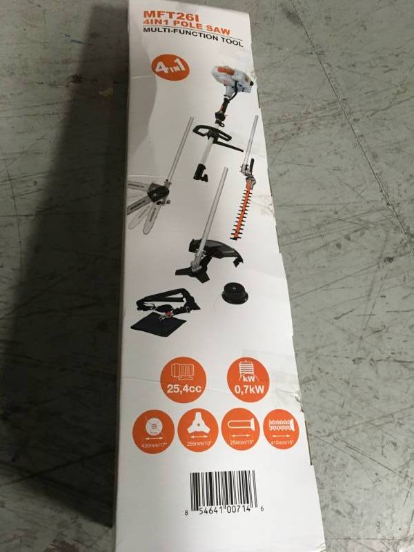 lot 1 image: Sunseeker MFT 26I 2-Cycle 26 cc Gas Full Crank Shaft 4in1 Multi Function String Trimmer wPole Saw Attachment open box not used