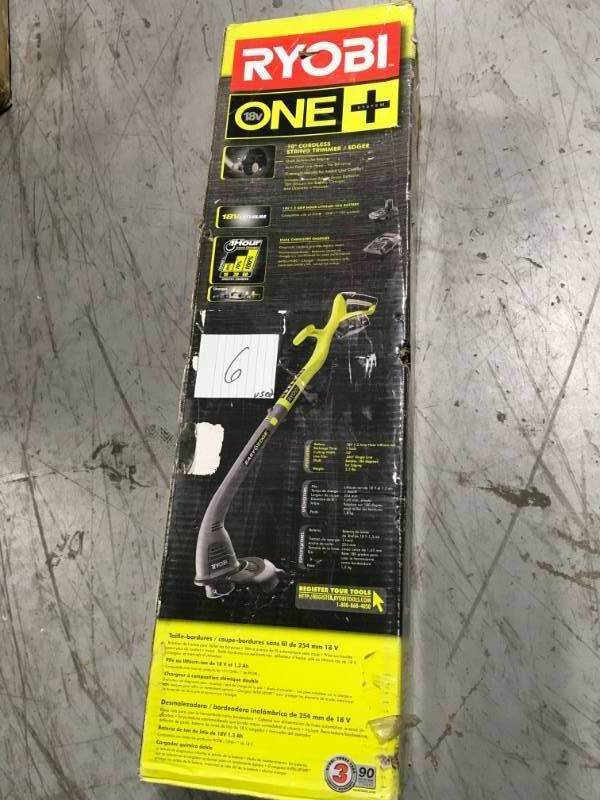 lot 6 image: RYOBI ONE 18-Volt Lithium-Ion Electric Cordless String Trimmer and Edger - 1.3 Ah Battery and Charger Included in good condition