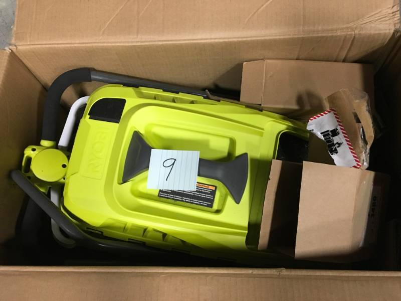 lot 9 image: RYOBI 13 in. ONE 18-Volt Lithium-Ion Cordless Battery Walk Behind Push Lawn Mower with 4.0 Ah BatteryCharger Included in good condition