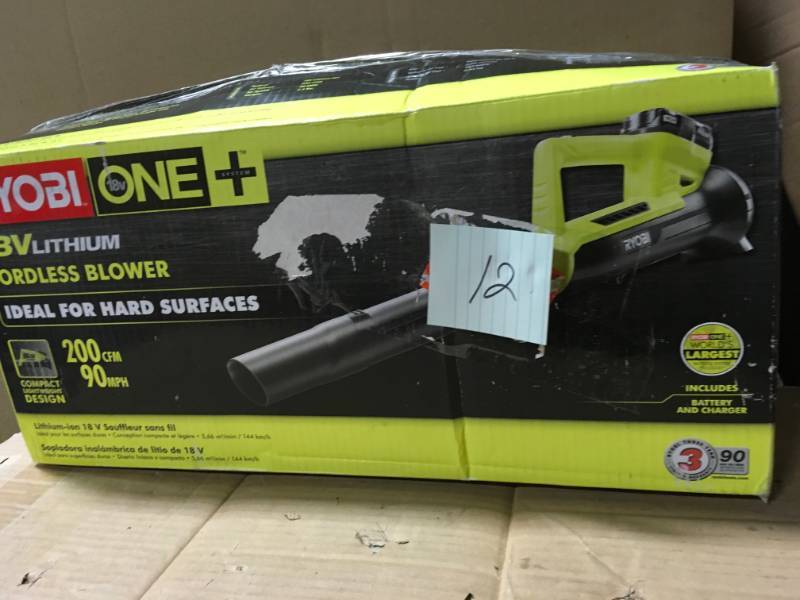 lot 12 image: RYOBI ONE 90 MPH 200 CFM 18-Volt Lithium-Ion Cordless Leaf Blower - 2.0 Ah Battery and Charger Included in good condition