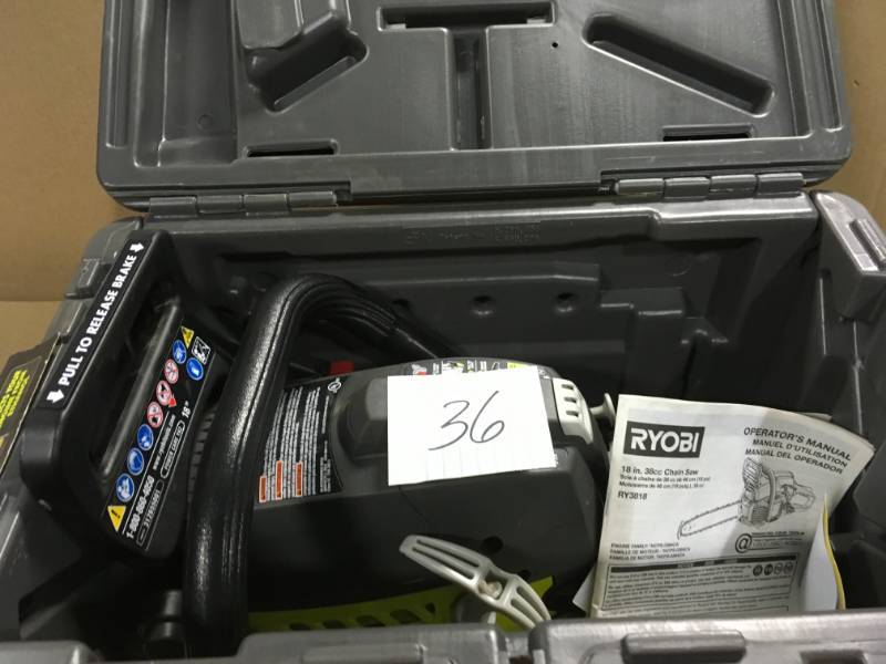 lot 36 image: RYOBI 18 in. 38cc 2-Cycle Gas Chainsaw with Heavy Duty Case in good condition