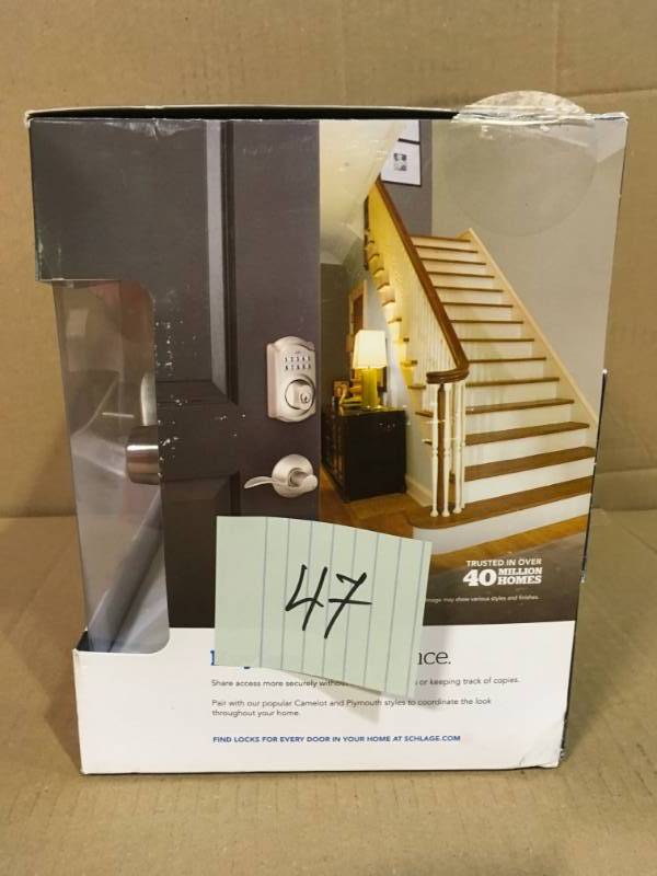 lot 47 image: Schlage Camelot Satin Nickel Electronic Door Lock Deadbolt with Accent Door Lever in good condition