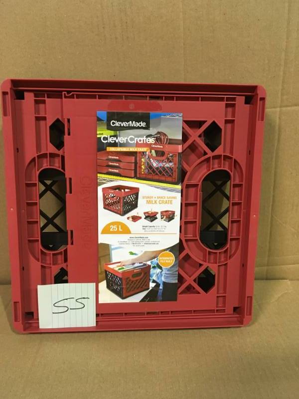 lot 55 image: CleverMade Collapsible Milk Crate - Stackable Collapsible Storage BinContainerUtility Tote, 25 Liters, Red