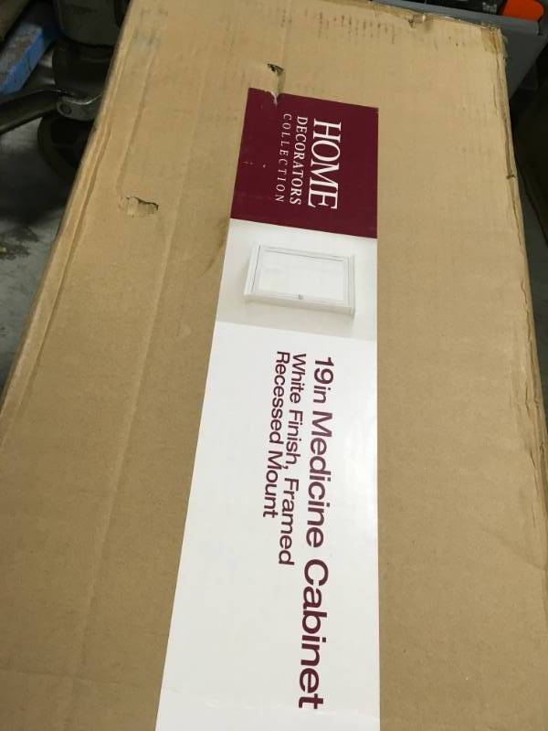 lot 56 image: Home Decorators Collection 19-78 in. W x 28-14 in. H Fog Free Framed Recessed Mount Extended Storage Bathroom Medicine Cabinet in White not used