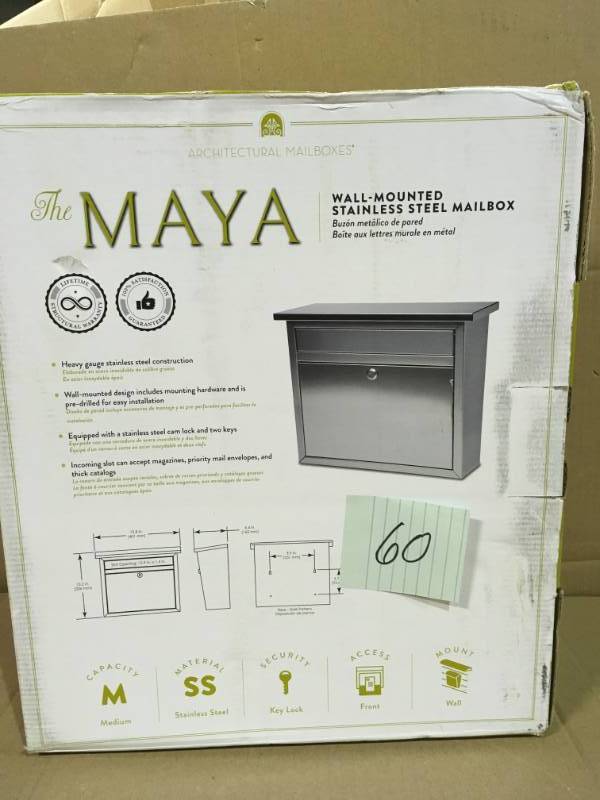 lot 60 image: Architectural Mailboxes 2417PS-10 Maya Locking Stainless Steel Wall Mount Mailbox not used
