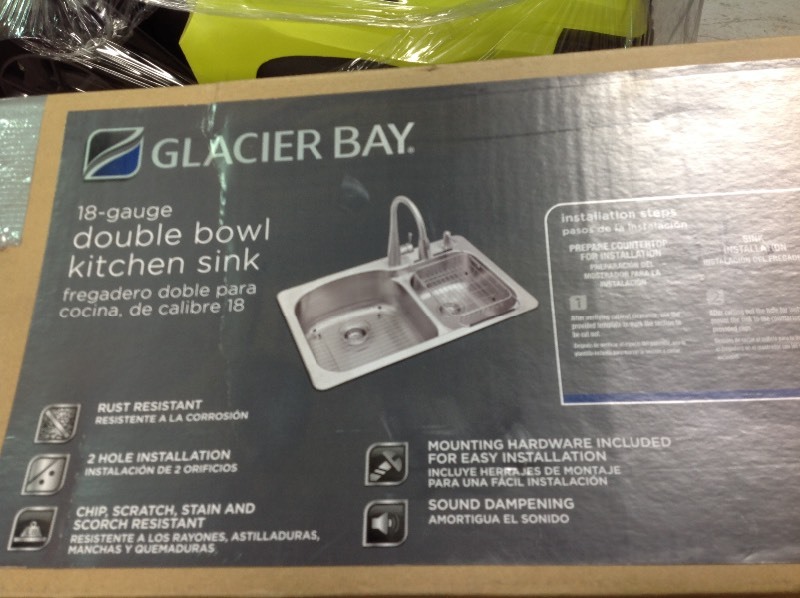 lot 107 image: Glacier Bay All-in-One Dual Mount Stainless Steel 33 in. 2-Hole Double Bowl Kitchen Sink not used