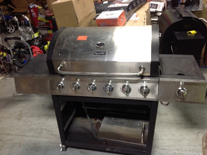 lot 110 image: Dyna-Glo 5-Burner Open Cart LP Gas Grill in Stainless Steel and Black with Side Burner used whit damage and missing some parts