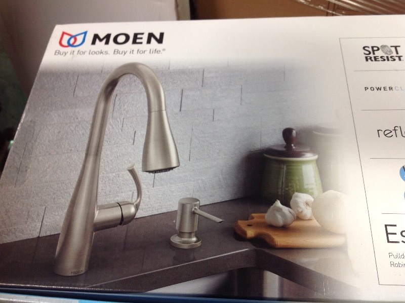 lot 114 image: MOEN Essie Single-Handle Pull-Down Sprayer Kitchen Faucet with Reflex and Power Clean in Spot Resist Stainless in good conditions