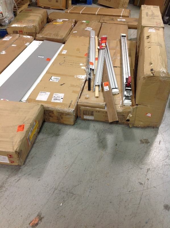 lot 115 image: Large lot of assorted Shelving and Racks units, Shelving parts, Closetmaid items, and more review pictures items have not been inspected this are customer returns and overstock pieces