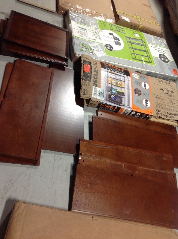 lot 117 image: Large lot of assorted Shelving and Racks units, Shelving parts, Closetmaid items, and more review pictures items have not been inspected this are customer returns and overstock pieces