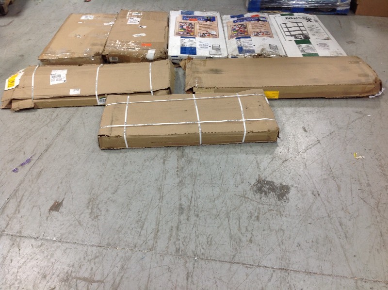 lot 120 image: Large lot of assorted Shelving and Racks units, Shelving parts, and more review pictures items have not been inspected this are customer returns and overstock pieces