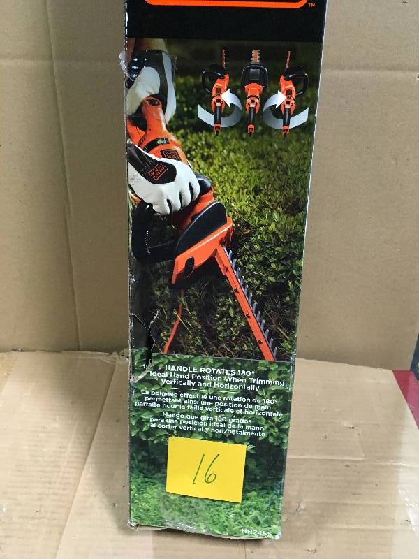 lot 16 image: BLACKDECKER 24 in. 3.3-Amp Corded Electric Hedge Hog Trimmer with Rotating Handle in good condition
