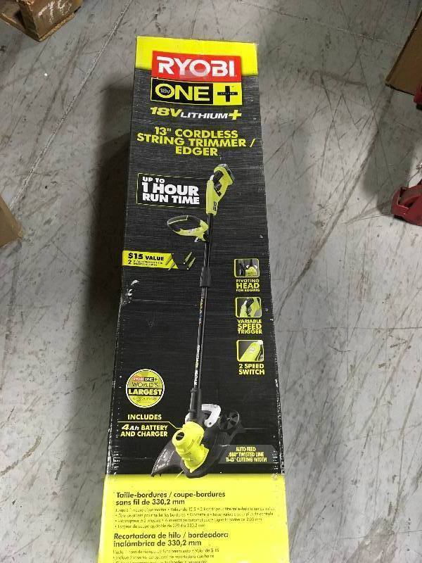 lot 22 image: RYOBI ONE 18-Volt Lithium-Ion Cordless String TrimmerEdger - 4.0 Ah Battery and Charger Included in good condition