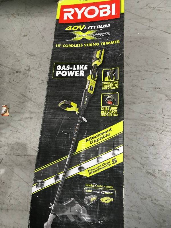 lot 29 image: RYOBI 40-Volt Lithium-Ion Cordless Attachment Capable String Trimmer - 2.6 Ah Battery and Charger Included in good condition