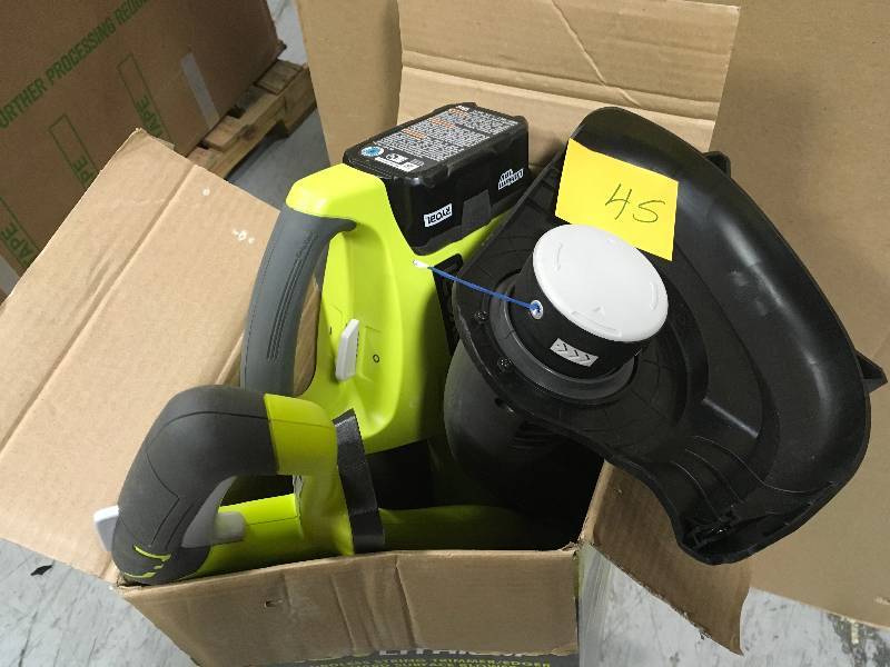 lot 45 image: RYOBI ONE 18-Volt Cordless String TrimmerEdger and BlowerSweeper Combo Kit (2-Tool) - 2.6 Ah Battery and Charger Included  in good condition