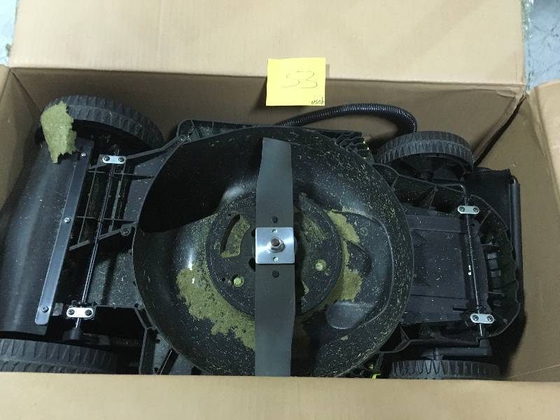 lot 53 image: Ryobi 13 in. ONE 18-Volt Lithium-Ion Cordless Battery Walk Behind Push Lawn Mower with 4.0 Ah BatteryCharger Included by RYOBI USED  in good condition