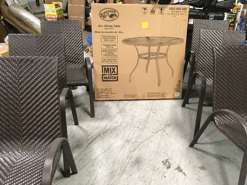 lot 55 image: Hampton Bay Mix and Match White Round Glass Outdoor Dining Table USED  in good condition