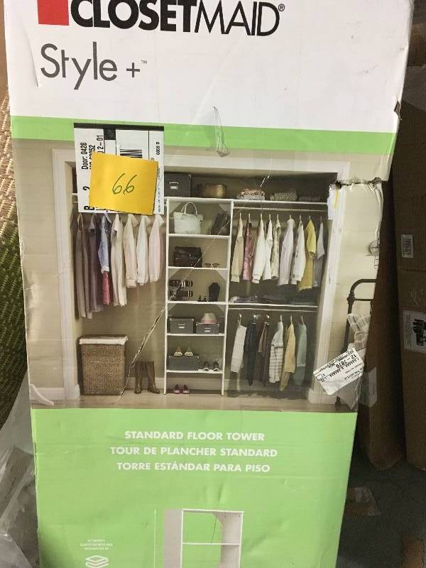 lot 66 image: Closet Maid 1675 Style 82 White Melamine Floor Mount 6-Shelves Closet System not used