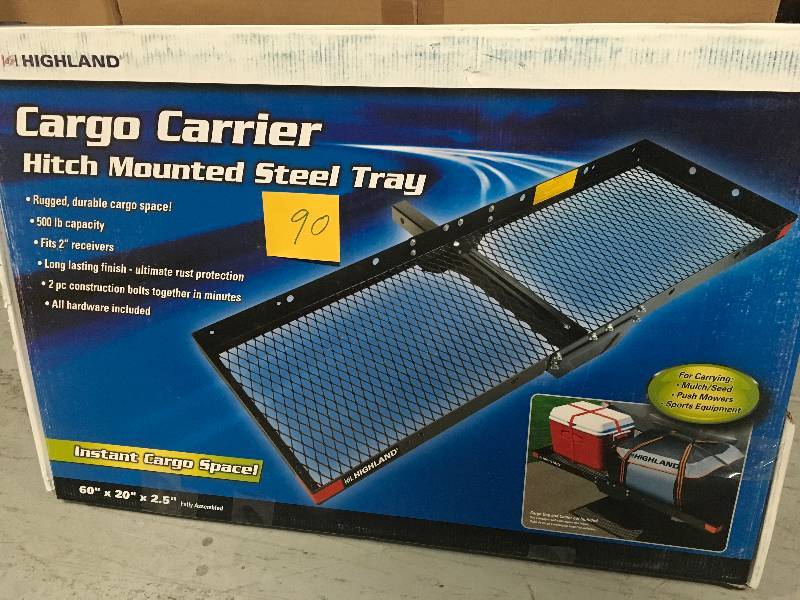 lot 90 image: HIGHLAND CARGO CARRIER HITCH MONTED STEEL TRAY 60 IN X 20 IN X 2.5 IN not used