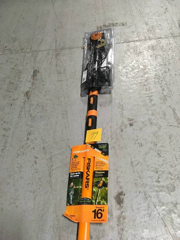 lot 99 image: Fiskars 1.250 in. Cut Capacity Steel Titanium Coated Cutting Blade, Steel 15 in. Saw, Fiberglass & Alum Pole, 16 ft. Tree Pruner  in good condition