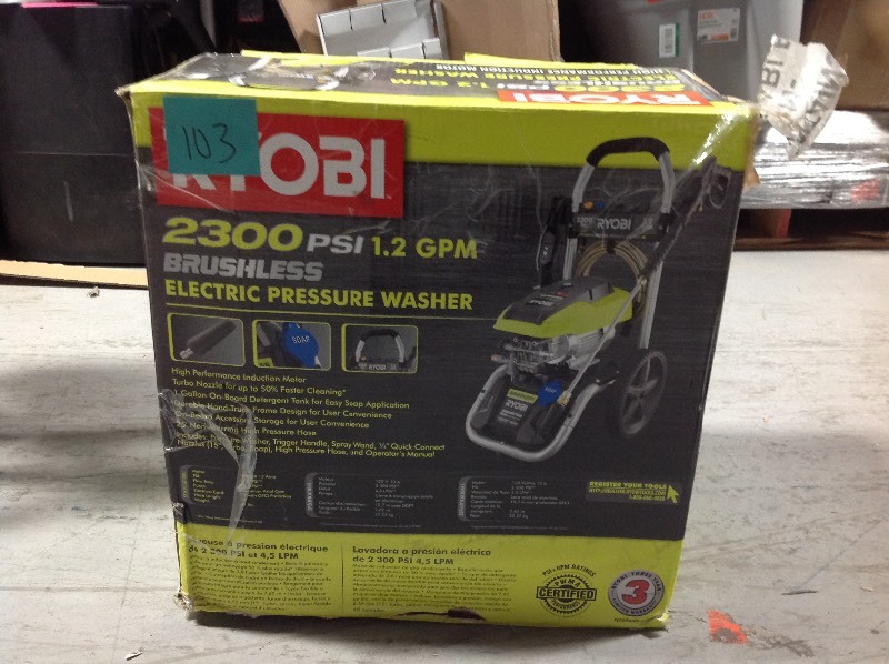 lot 103 image: Ryobi 2,300 PSI 1.2 GPM High Performance Electric Pressure Washer IN GOOD CONDITIONS