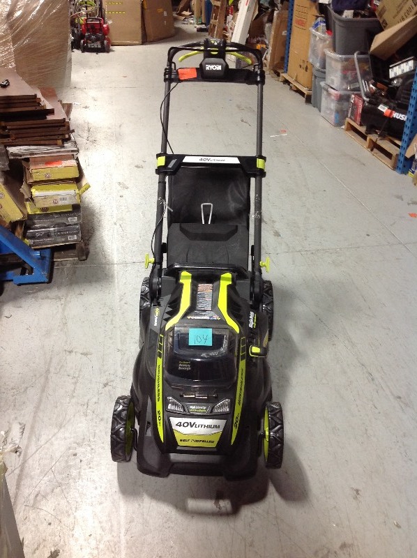 lot 104 image: RYOBI 20 in. 40-Volt Brushless Lithium-Ion Cordless Self-Propelled Walk Behind Mower  Battery and charger are not  Included in good conditions