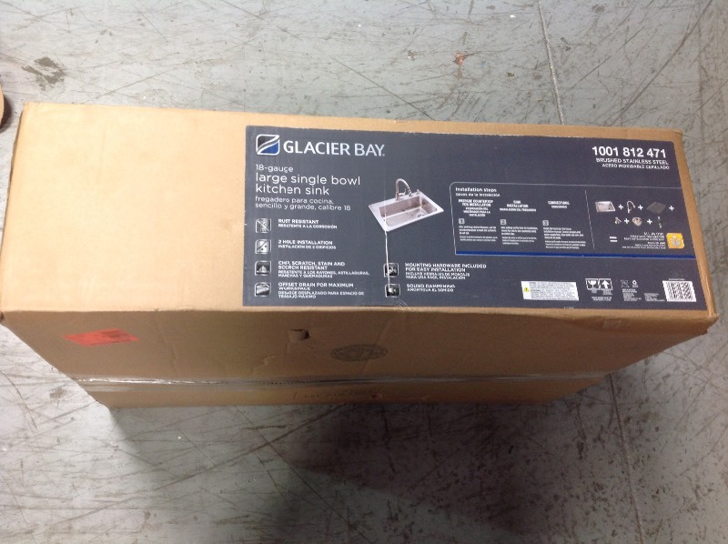 lot 106 image: Glacier Bay All-in-One Dual Mount Stainless Steel 33 in. 2-Hole Single Bowl Kitchen Sink in Brushed Finish with Faucet 18-Gauge stainless steel not used