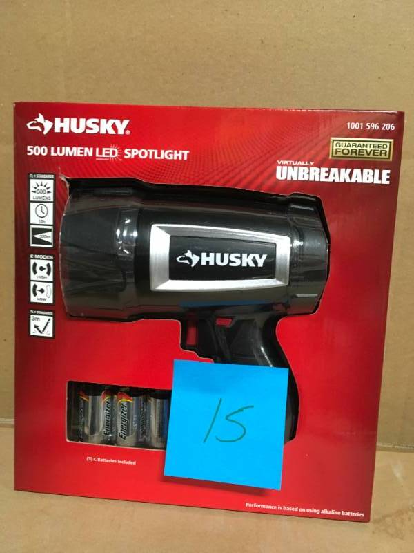 HUSKY 500 Lumen LED SPOTLIGHT 1001 596 206 Virtually Unbreakable WITH BATTERIES not used