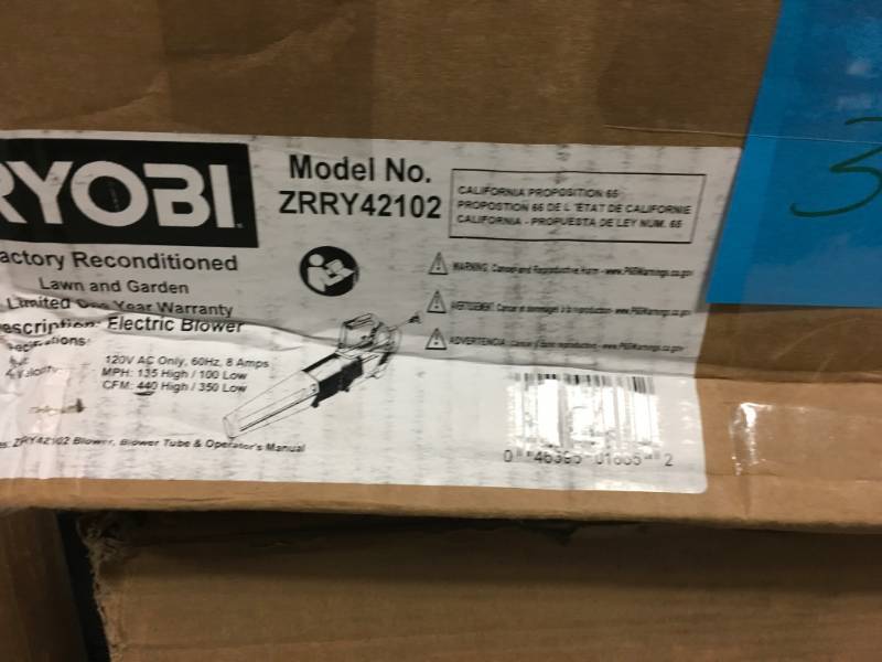 RYOBI Reconditioned 135 MPH 440 CFM 8 Amp Electric Jet Fan Blower in good condition