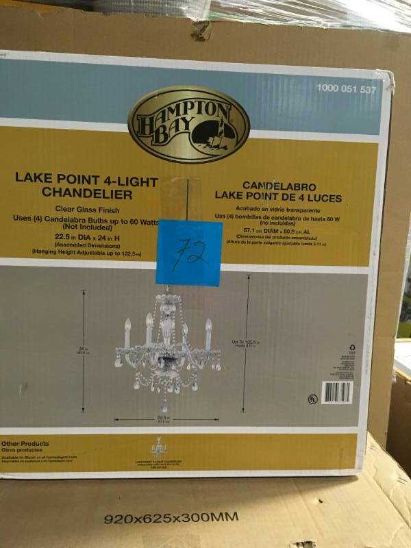 Hampton Bay Lake Point 4-Light Chrome and Clear Crystal Chandelier not used