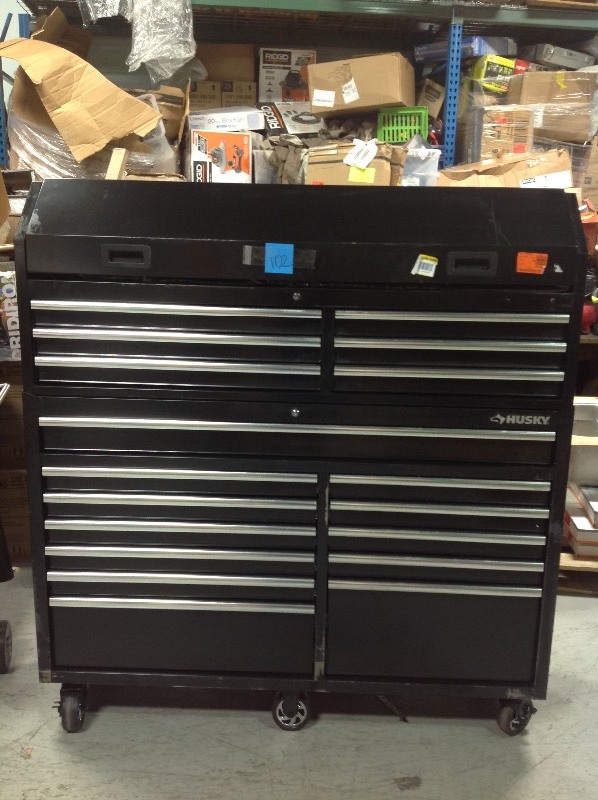 Husky 61 in. W x 18 in. D 18-Drawer Tool Chest and Rolling Cabinet Combo in Black whit scuff markings and some dents review pictures for condition